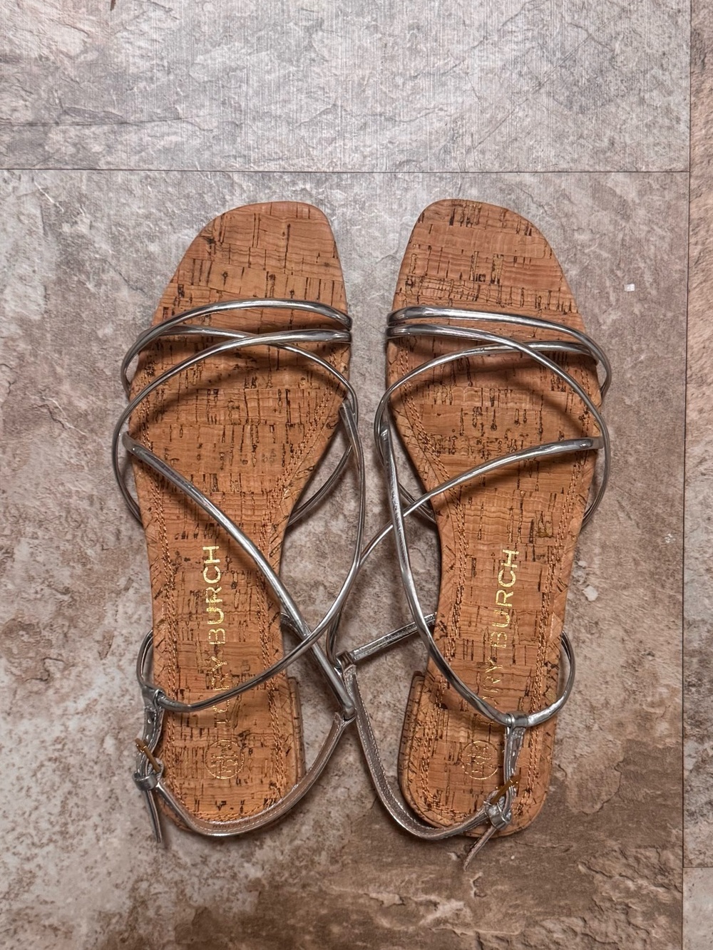 Tory Burch Metallic Strappy Cork Footbed Sandals